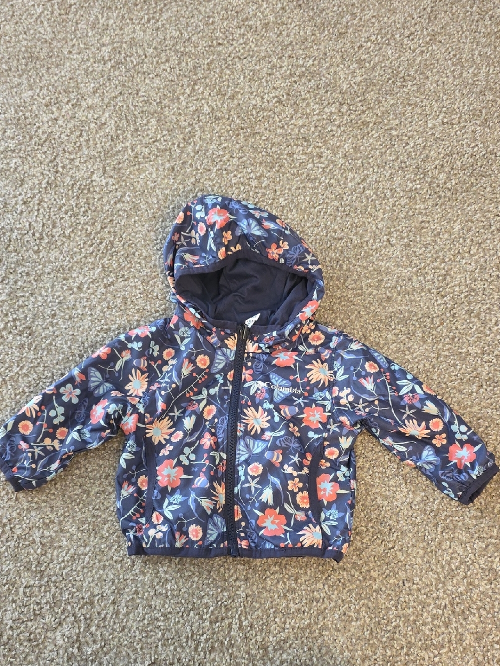 Columbia Girls' Navy Floral Hooded Rain Jacket with Coral Accents